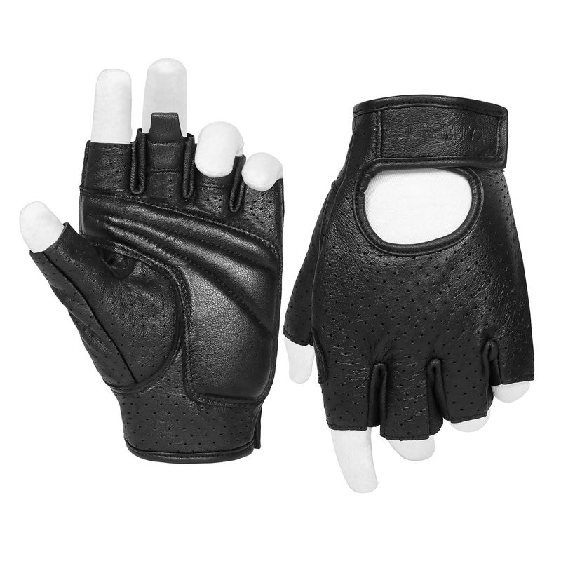 KAIWENDE Half Finger Men's Motorcycle Gloves Gel Padded Fingerless Leather Motorbike Gloves (Black, Medium) - Image 1